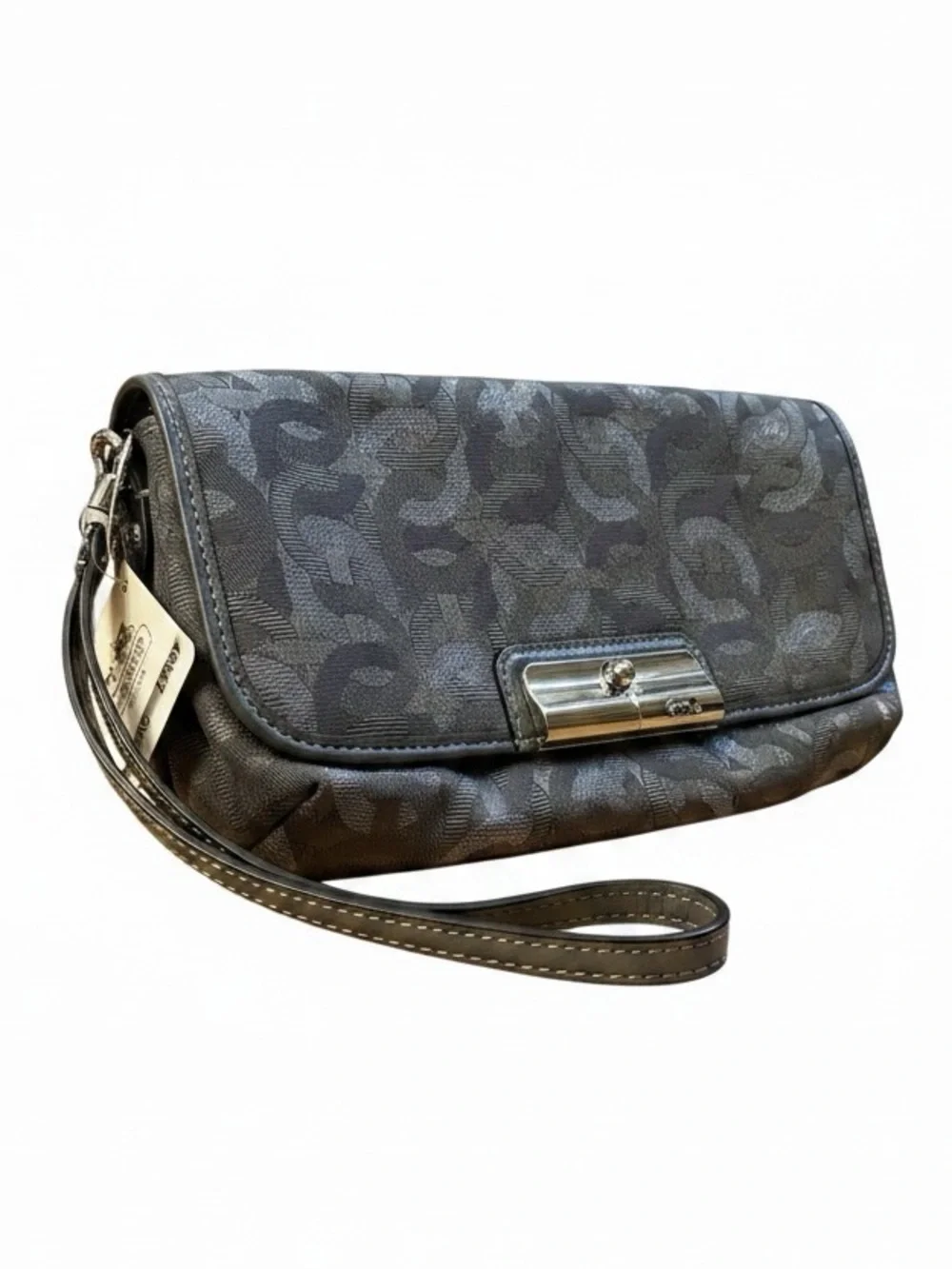 Coach Kristen gunmetal grey and silver chainlink wristlet clutch NWT
